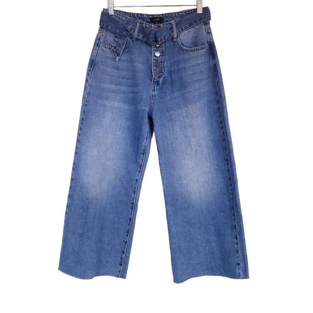 Ontwelfth wide leg cropped Jeans size Small‎ raw hem belted  mid wash high waist